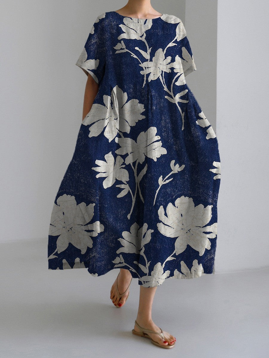 Damen Maxikleid im Retro-Stil mit großem Blumenmuster – Lockeres Sommerkleid für Alltag und Freizeit