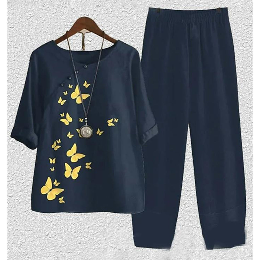 Damen Freizeit Zweiteiler Set – Lockeres Oberteil mit Libellen-Print und Asiatisch Inspirierten Hosen, Modisch für Alltag und Urlaub