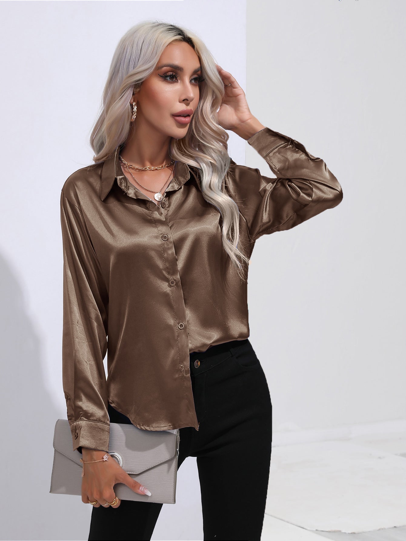 Damen Satinbluse im Cardigan-Stil – Elegante Bluse für Büro, Alltag & Feste