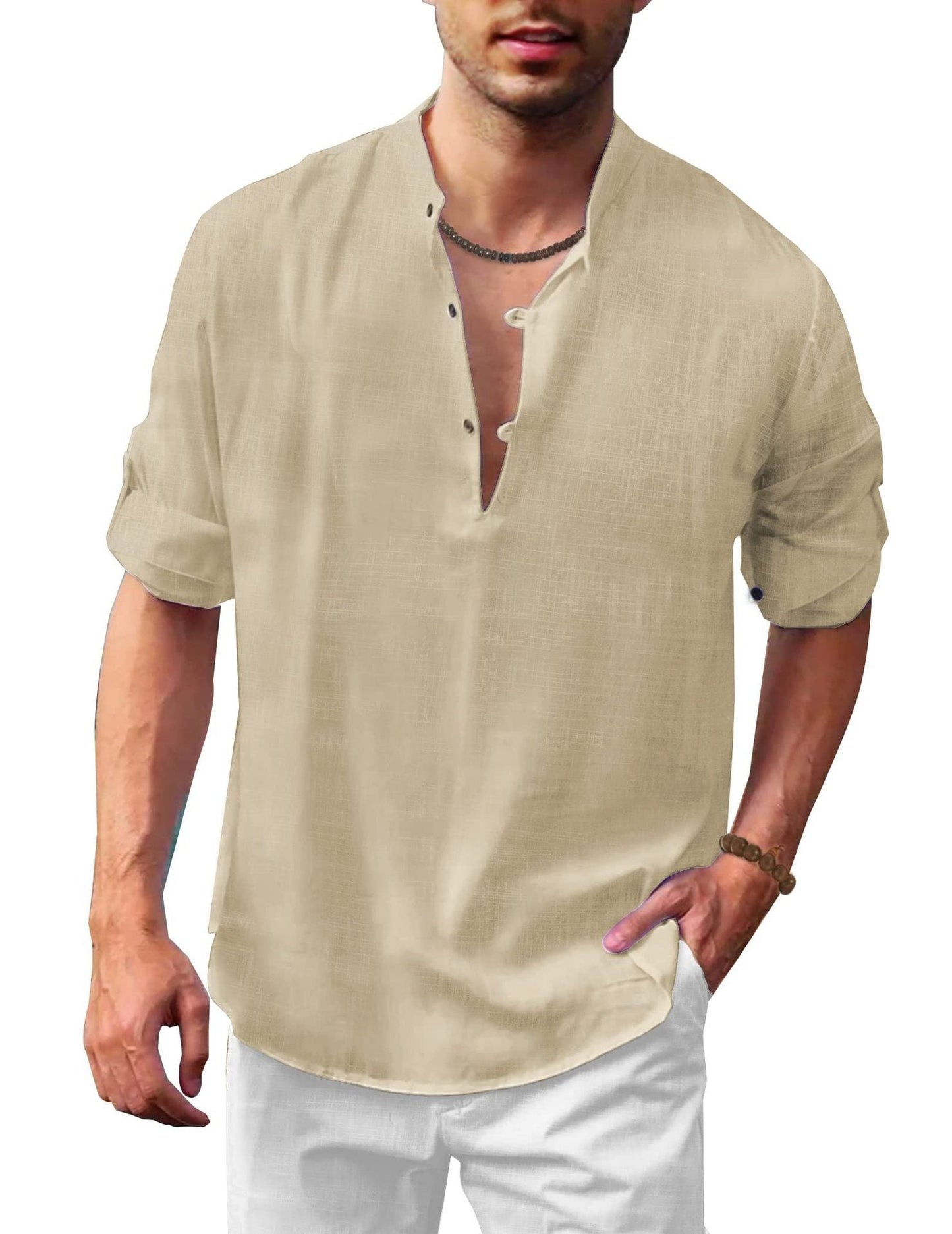 Herren Leinen Freizeithemd mit Stehkragen – Lockere Passform, Langarm, Ideal für Strand und Alltag