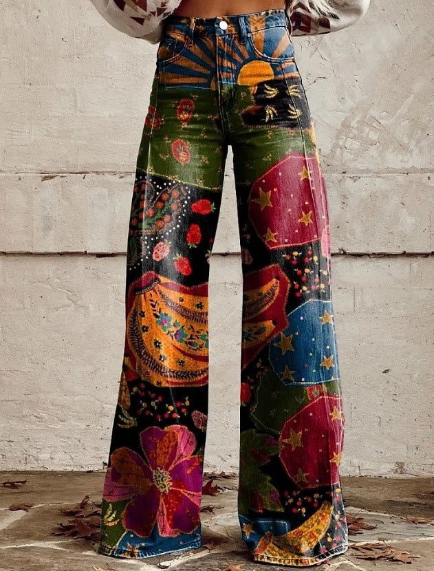 Damen Weite Boho-Jeans mit grafischem Kunst-Design und Vintage-Style, ideal für Streetwear und Festivals