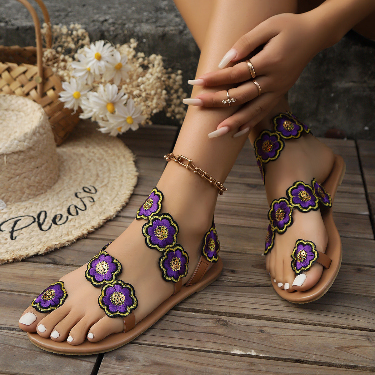 Andrea – Ethnischer Stil Blumen Flache Sandalen für den Sommer