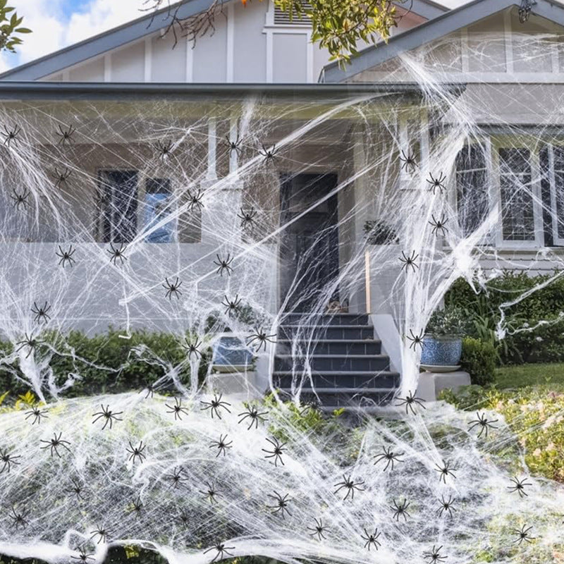 Halloween Spinnennetz Dekoration mit Kunststoffspinnen – Perfekte Gruseldeko für Haus & Garten
