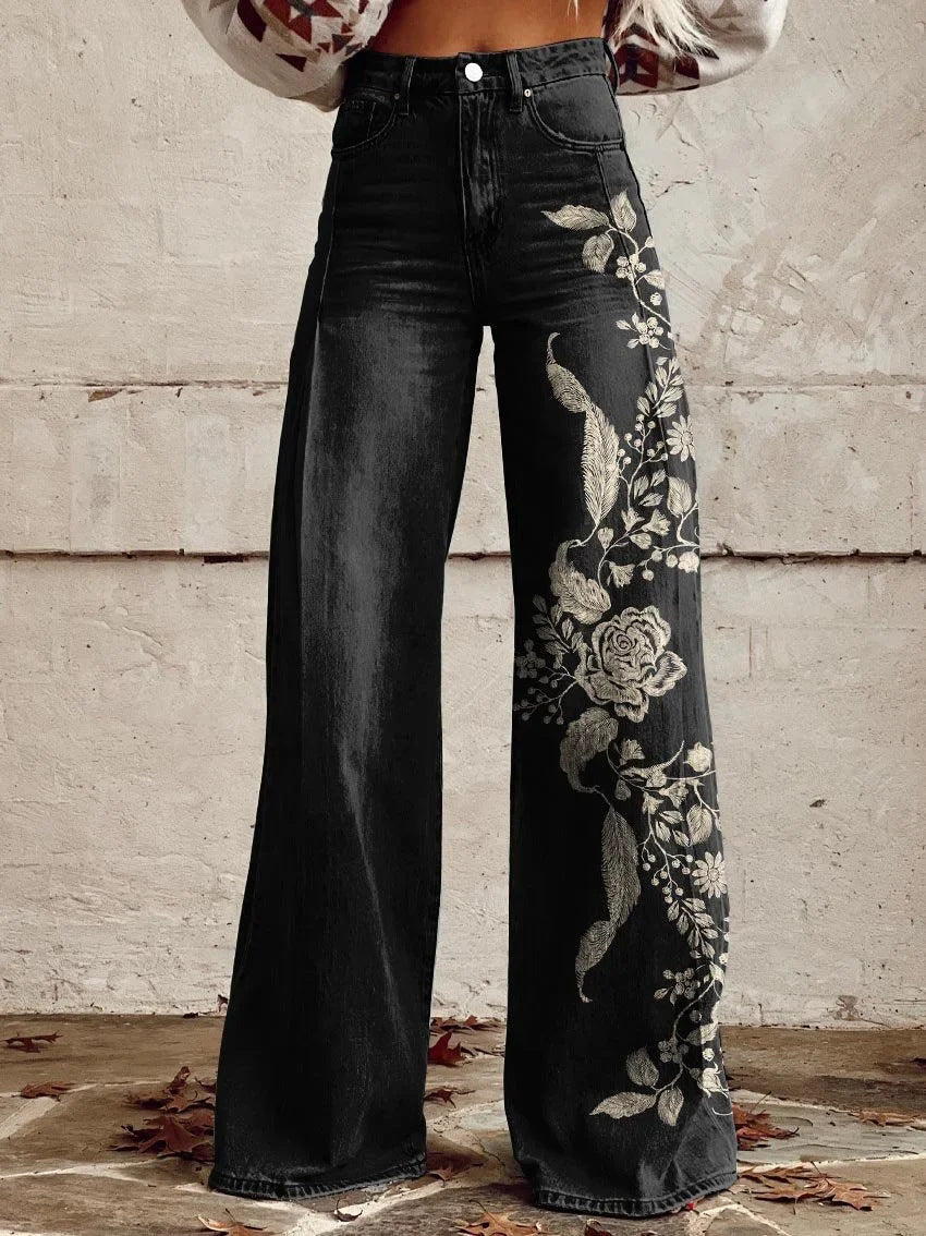 Damen Weite Boho-Jeans mit grafischem Kunst-Design und Vintage-Style, ideal für Streetwear und Festivals