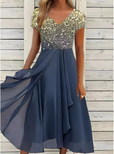 Damen Elegantes Chiffonkleid mit Blumenmuster und V-Ausschnitt – Festliche A-Linien Sommermode