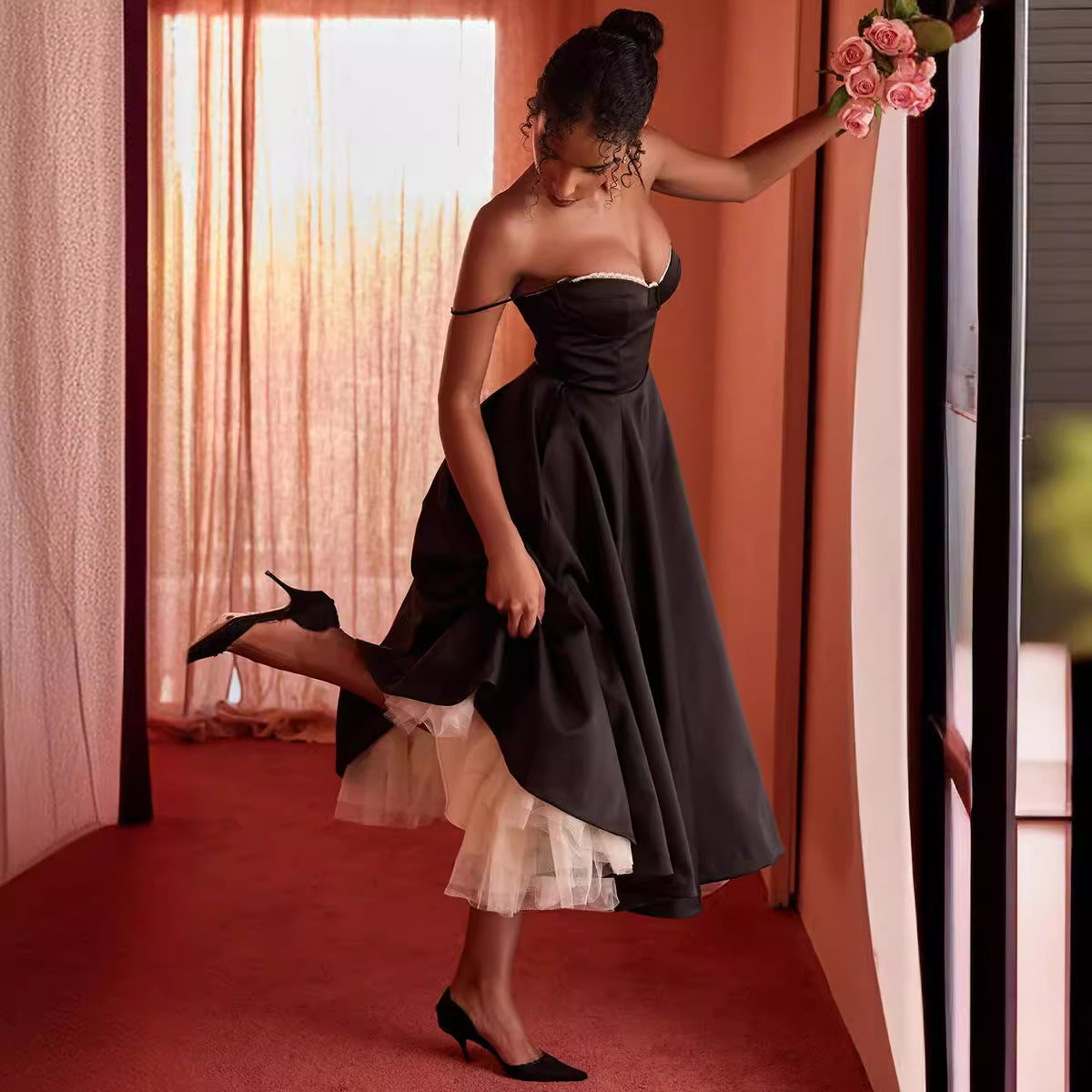 Yeahdor Damen Chor-Robe Mit V-Ausschnitt & Puffärmeln - Bühnenkleid Für Auftritte