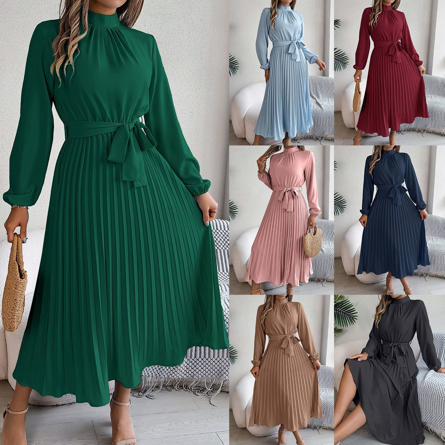 Rachel – Elegantes Kleid mit Stehkragen und langen Ärmeln