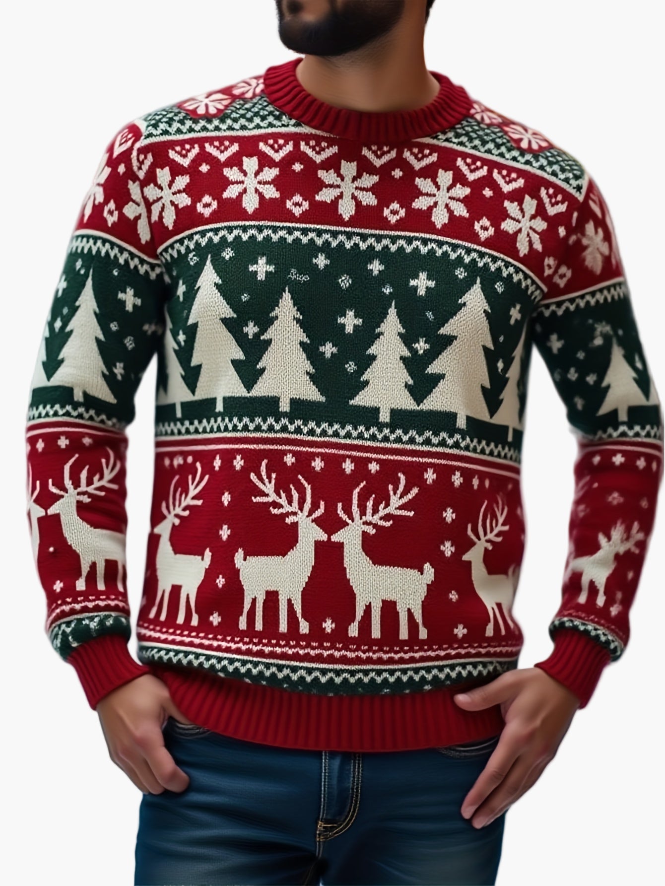 Herren Weihnachtspullover mit Rentier- und Tannenbaum-Muster – Perfekt für festliche Anlässe und Partys