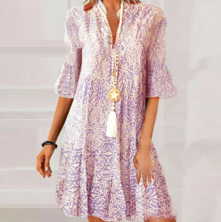 Mary – Lockeres V-Ausschnitt Kleid mit Blumenmuster