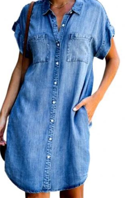 Anna – Blaues Kragenkleid mit kurzen Ärmeln