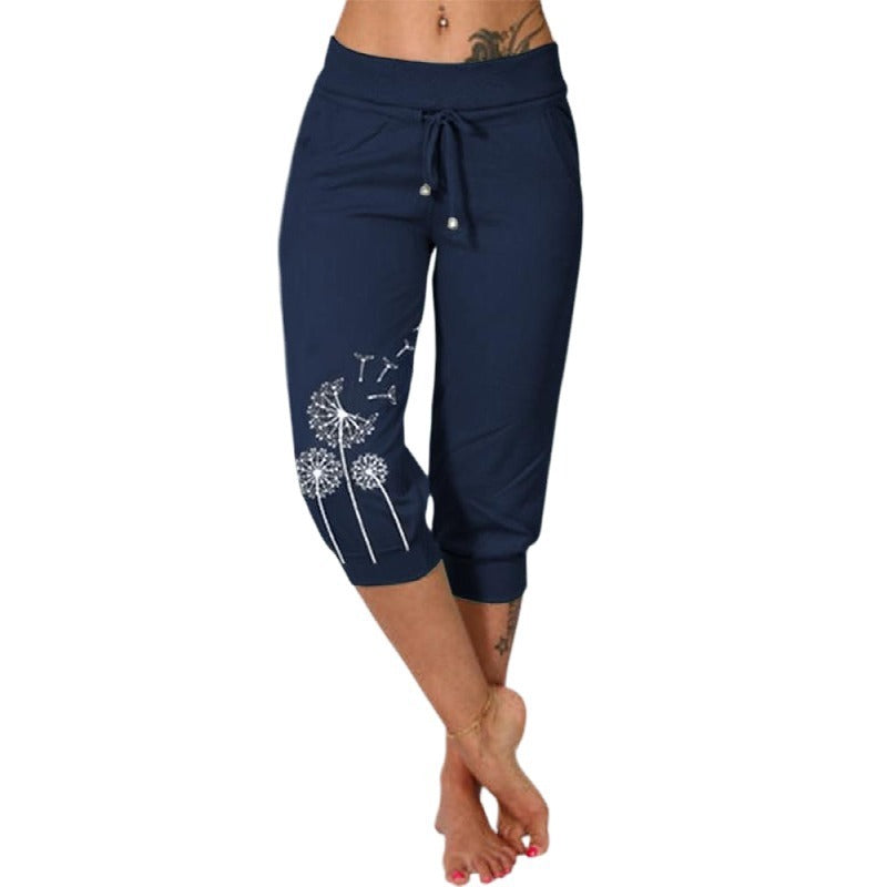 Robyn – Modische Bedruckte Hohe Taille Spitzenbesatz Cropped Hose