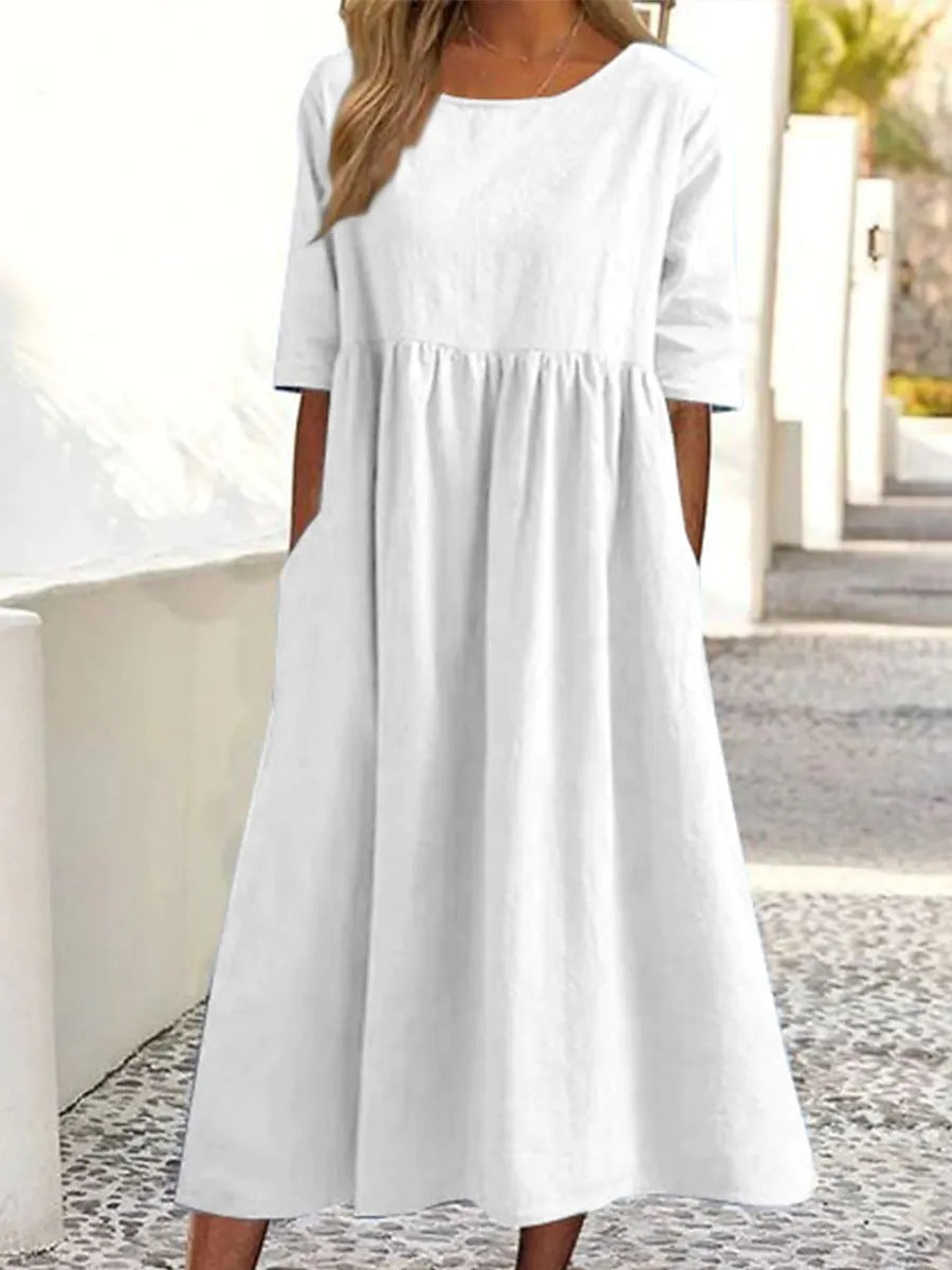 Imogen – Lässiges Damenkleid aus Baumwolle und Leinen mit kurzen Ärmeln und Taschen