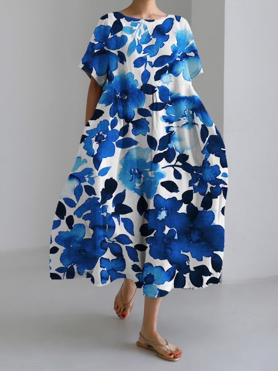 Damen Maxikleid im Retro-Stil mit großem Blumenmuster – Lockeres Sommerkleid für Alltag und Freizeit
