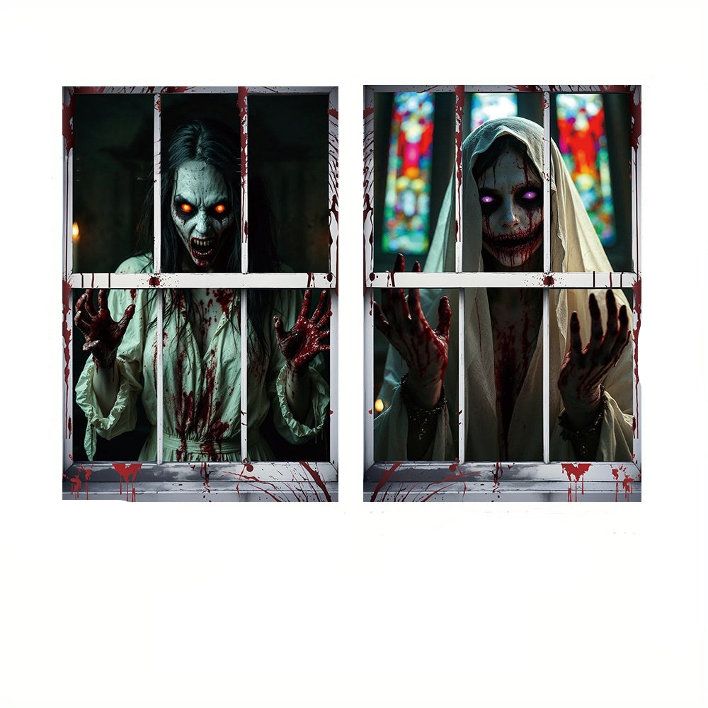 Halloween Fensterdeko – Gruselige Nonnenfigur für Spukhaus & Party