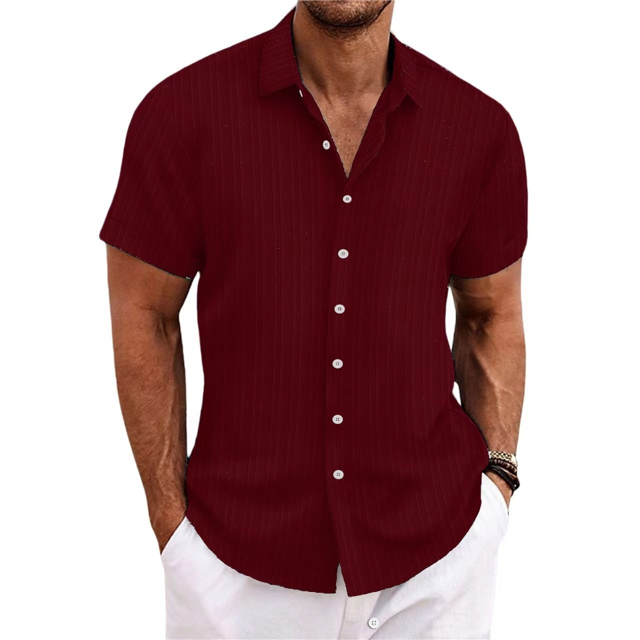 Robert – Lässiges Kurzarmhemd aus Baumwolle und Leinen mit gestreiftem Jacquard