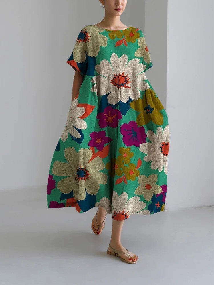 Damen Maxikleid im Retro-Stil mit großem Blumenmuster – Lockeres Sommerkleid für Alltag und Freizeit