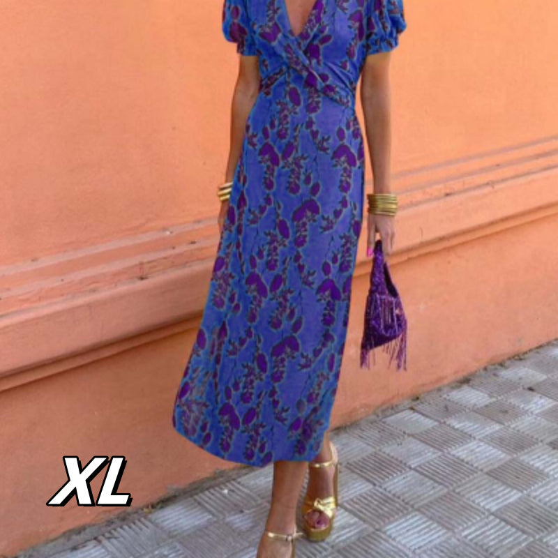 Dawn – Langes elegantes Slim V-Ausschnitt Kurzarmkleid mit Farbkontrastdruck