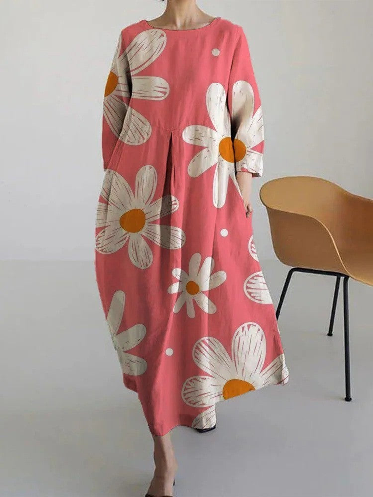 Damen Maxikleid im Retro-Stil mit großem Blumenmuster – Lockeres Sommerkleid für Alltag und Freizeit