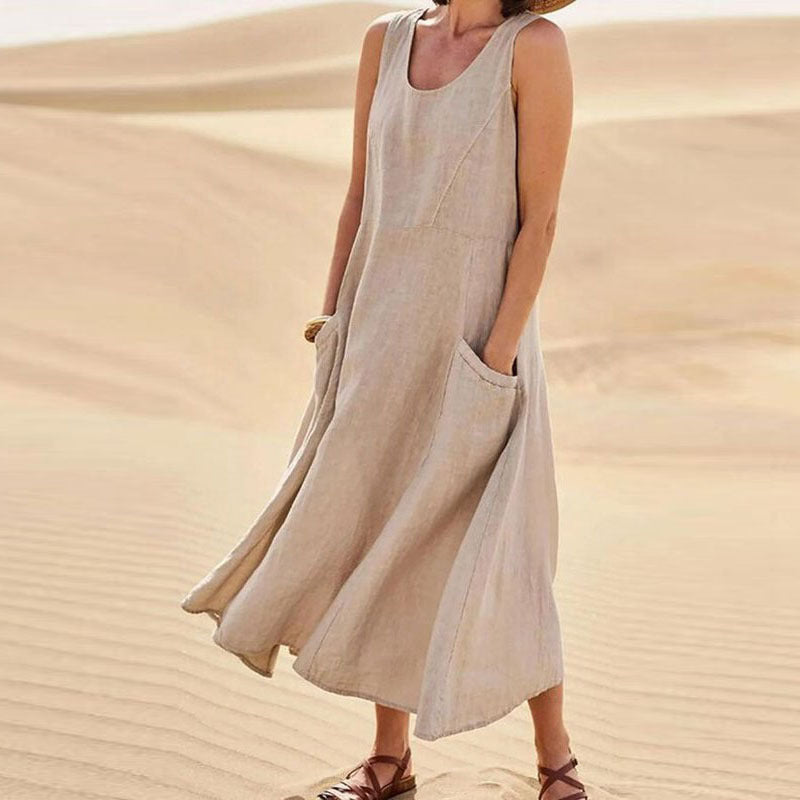 Marie – Langes ärmelloses Kleid mit Taschen
