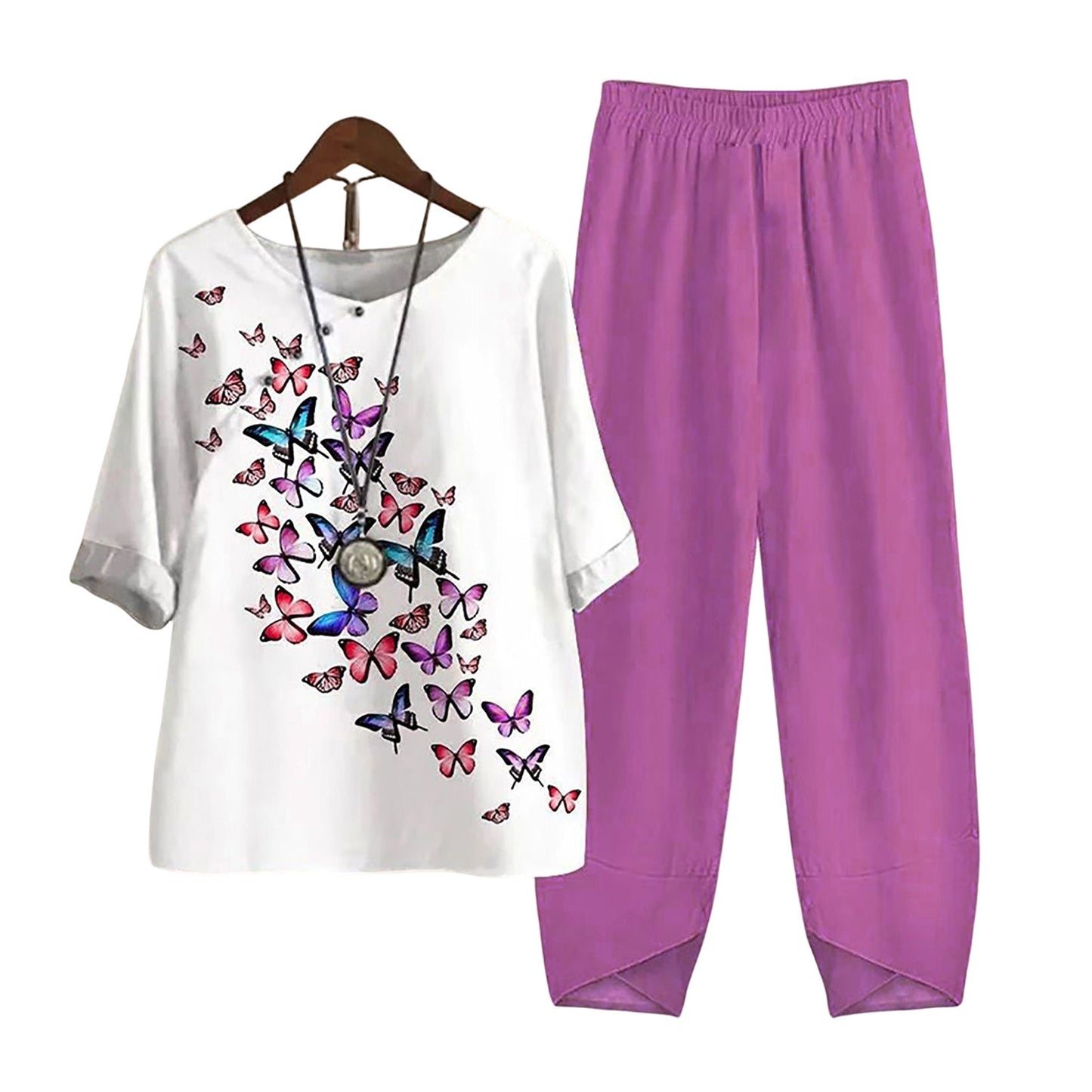 Damen Freizeit Zweiteiler Set – Lockeres Oberteil mit Libellen-Print und Asiatisch Inspirierten Hosen, Modisch für Alltag und Urlaub