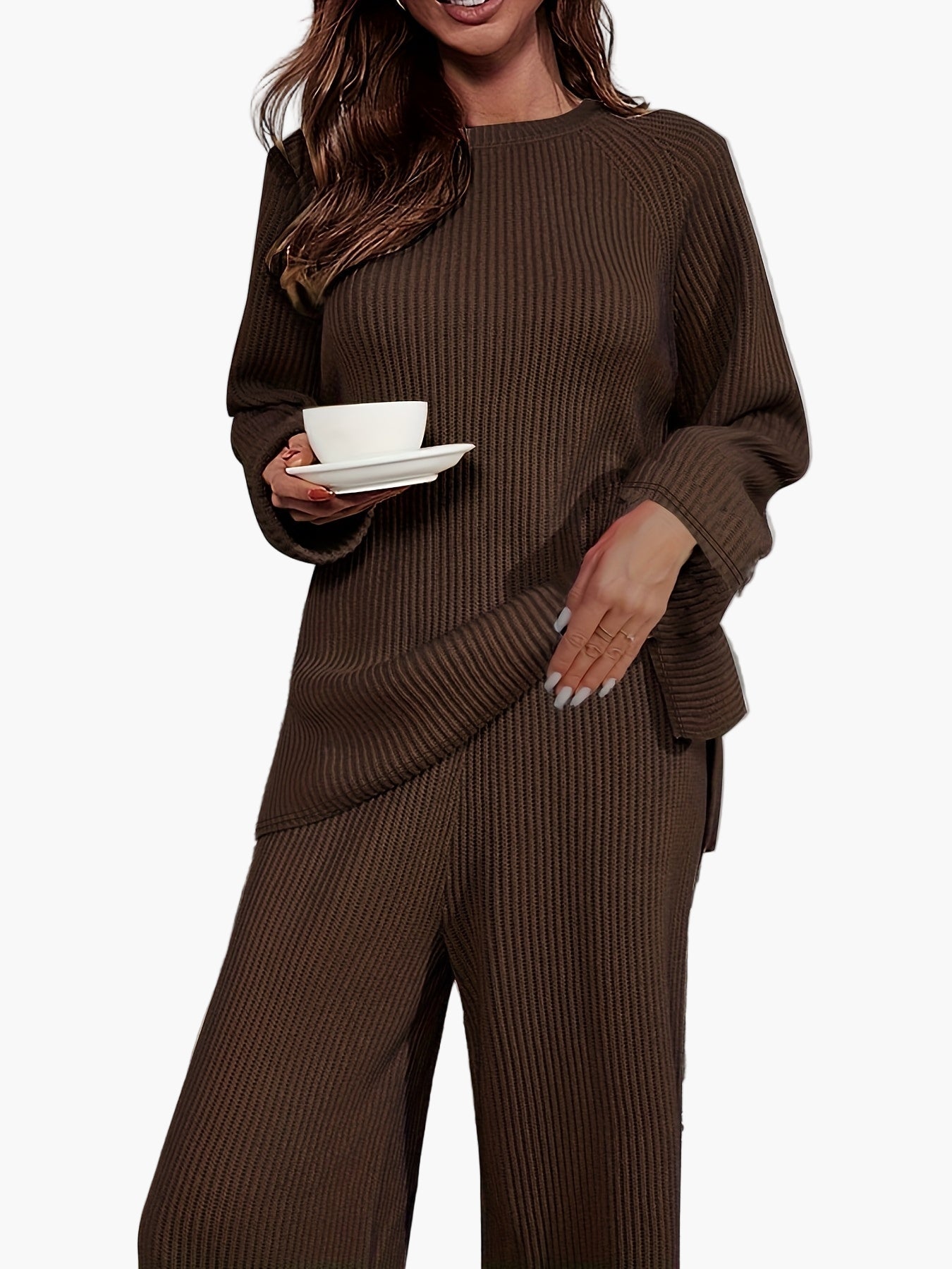Damen Loungewear Set Zweiteilig Freizeit Strick-Look für Herbst und Winter