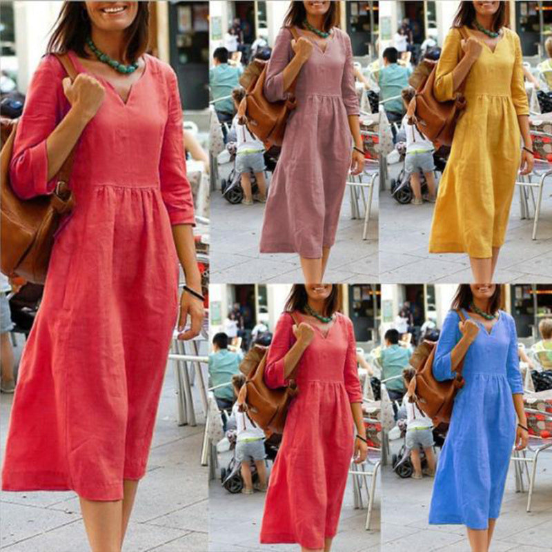 Damen Leinenkleid mit V-Ausschnitt und 3/4-Ärmeln – Elegantes Freizeitkleid für Alltag und Urlaub
