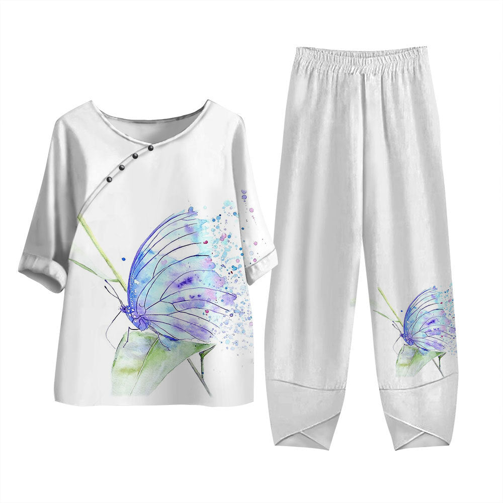 Damen Freizeit Zweiteiler Set – Lockeres Oberteil mit Libellen-Print und Asiatisch Inspirierten Hosen, Modisch für Alltag und Urlaub