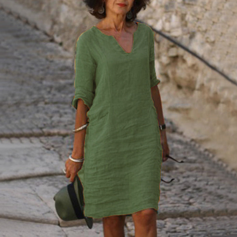 Abigail – Retro Sommerkleid aus Baumwolle und Leinen mit V-Ausschnitt