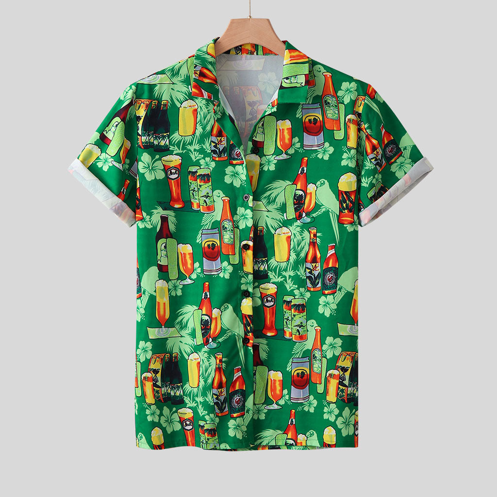 Herren Hawaiihemd mit Cocktail- und Bierflaschen-Print – Oktoberfest Sommer Freizeit Partyhemd