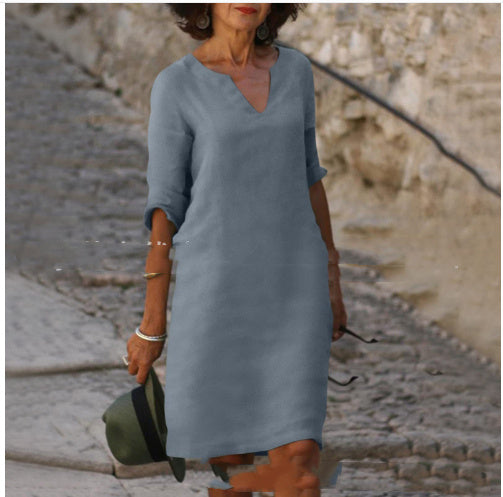 Abigail – Retro Sommerkleid aus Baumwolle und Leinen mit V-Ausschnitt