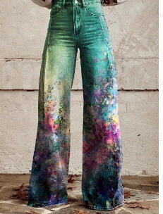 Damen Weite Boho-Jeans mit grafischem Kunst-Design und Vintage-Style, ideal für Streetwear und Festivals