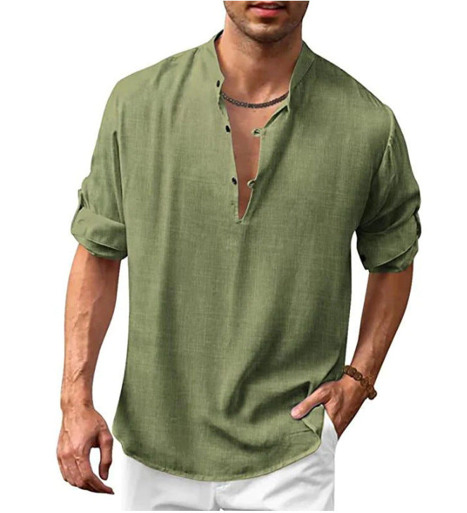 Herren Leinen Freizeithemd mit Stehkragen – Lockere Passform, Langarm, Ideal für Strand und Alltag