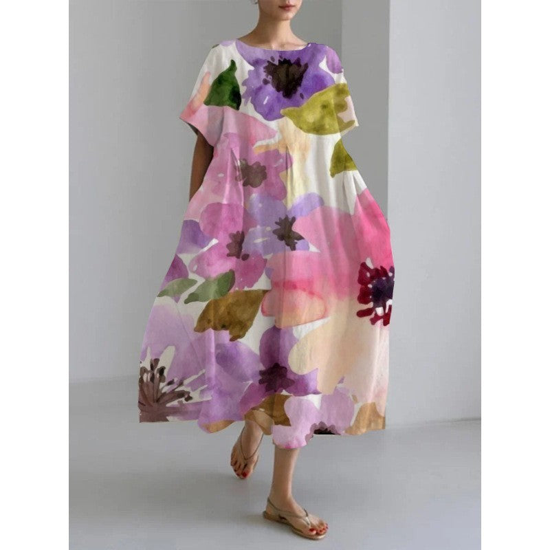 Damen Maxikleid im Retro-Stil mit großem Blumenmuster – Lockeres Sommerkleid für Alltag und Freizeit