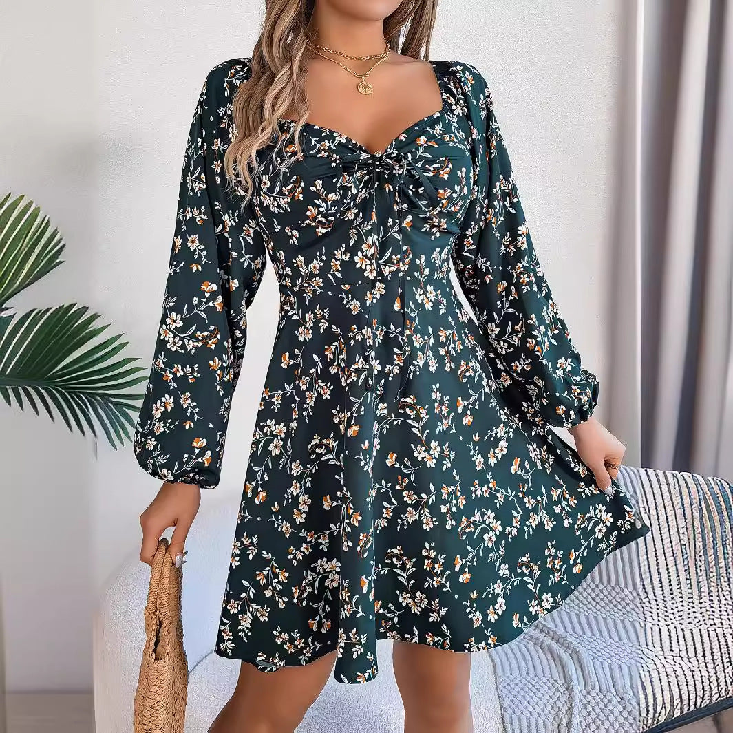 Wendy – Blumendruck Kleid mit Laternenärmeln und A-Linie