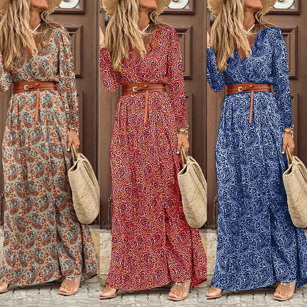 Sandra – Boho Blumenkleid mit V-Ausschnitt und langen Ärmeln