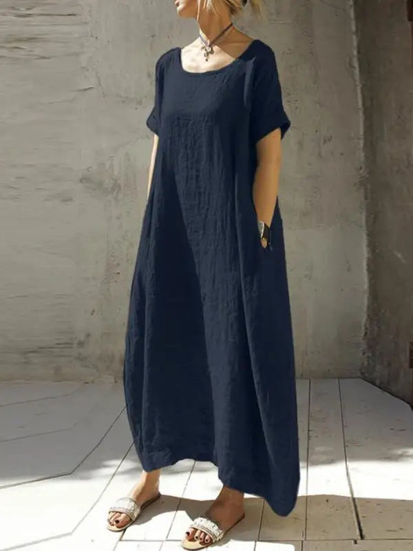 Jasmine – Rundhals-Kurzarm-Waistkleid aus Baumwolle und Leinen in einfarbig