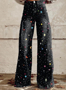 Damen Weite Boho-Jeans mit grafischem Kunst-Design und Vintage-Style, ideal für Streetwear und Festivals