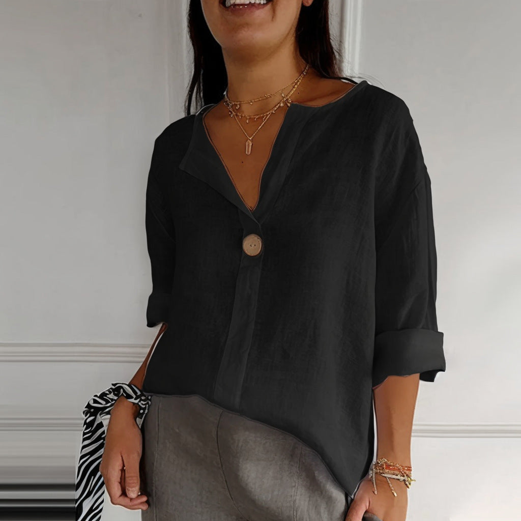 Rose – Lockere Damen T-Shirt mit V-Ausschnitt aus Baumwolle mit Knopf