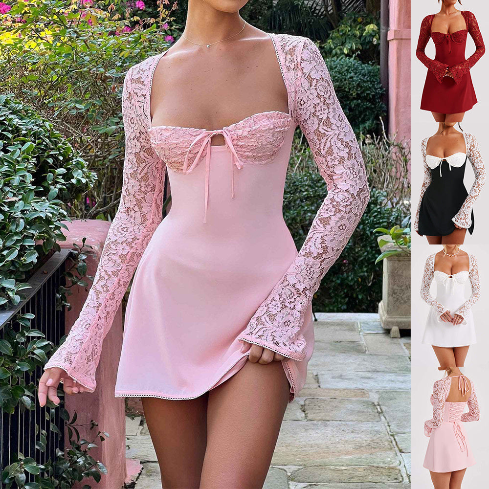 Sharon – Sexy Y2K Spitzenkleid mit langen Ärmeln und offenem Rücken