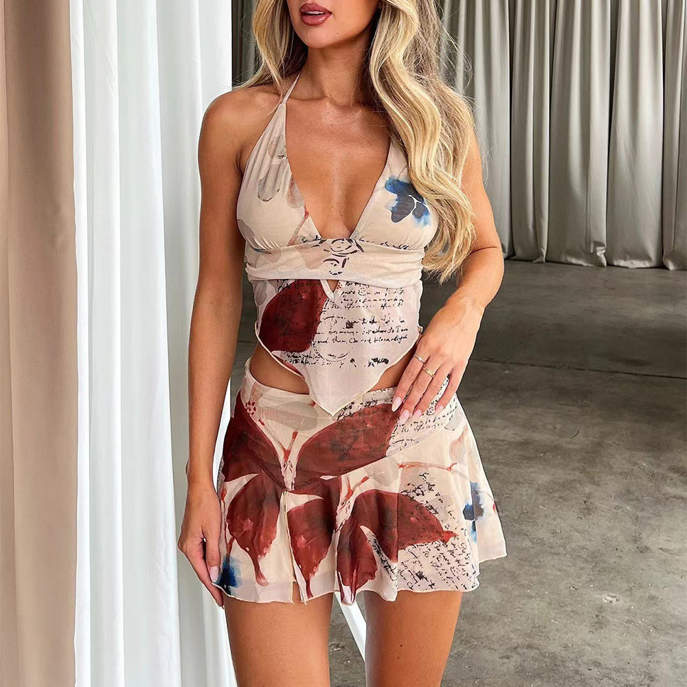 Amelia – 2-teiliges Druckanzug Sommer Sexy V-Ausschnitt Haltertop und Falten Minirock Damenkleid Set