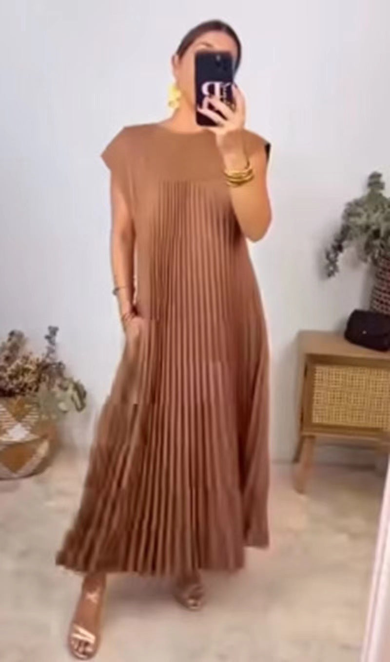 Adele – Kurzes ärmelloses, langes Kleid mit Falten und Rundhalsausschnitt