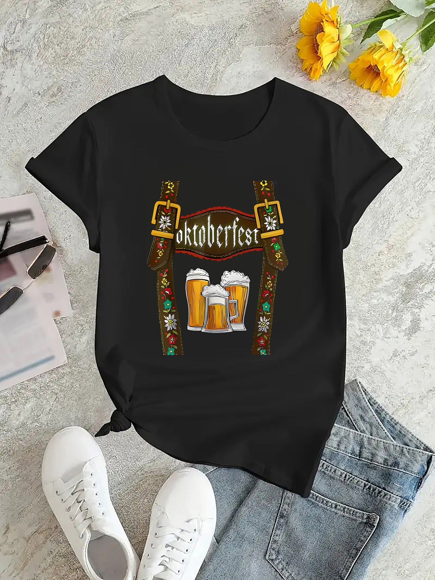 Damen Oktoberfest T-Shirt mit Bier Print – Lockeres Festivalshirt für Volksfeste & Partys