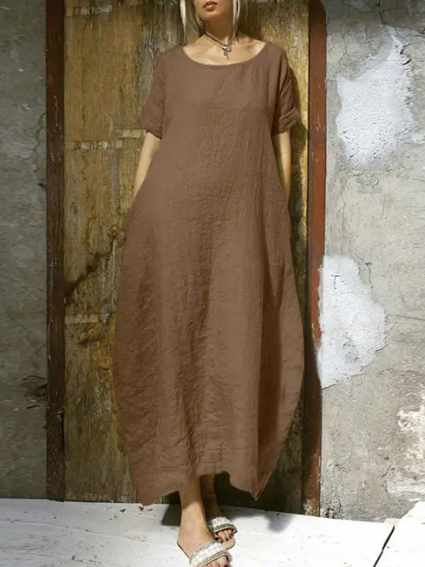 Jasmine – Rundhals-Kurzarm-Waistkleid aus Baumwolle und Leinen in einfarbig