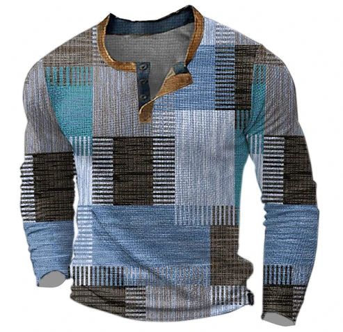 Herren Patchwork Henley Langarmshirt – Modischer Freizeitpullover für Herbst und Winter