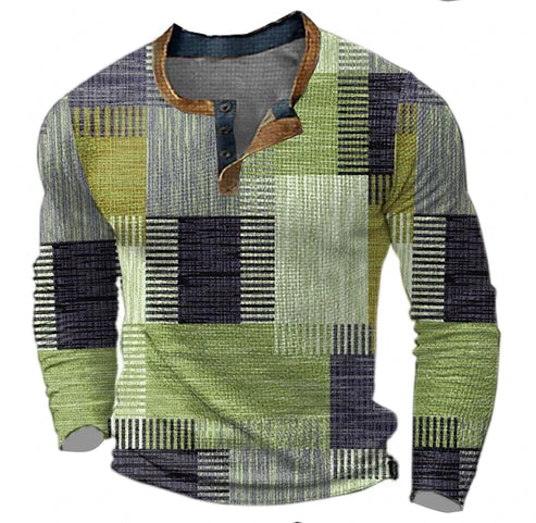 Herren Patchwork Henley Langarmshirt – Modischer Freizeitpullover für Herbst und Winter
