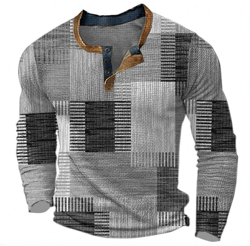 Herren Patchwork Henley Langarmshirt – Modischer Freizeitpullover für Herbst und Winter