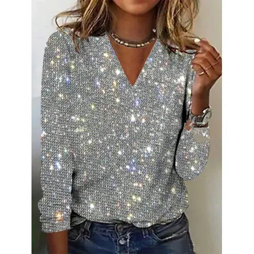Damen Glitzer Pullover mit V-Ausschnitt – Eleganter Party- und Abend-Style
