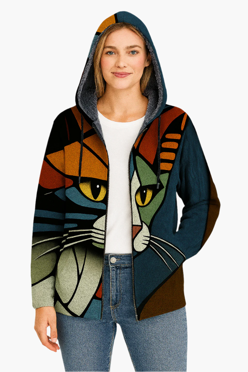 Damen Kapuzenjacke mit Kunstvollem Katzen-Print – Stilvolle Freizeitjacke für Katzenliebhaberinnen
