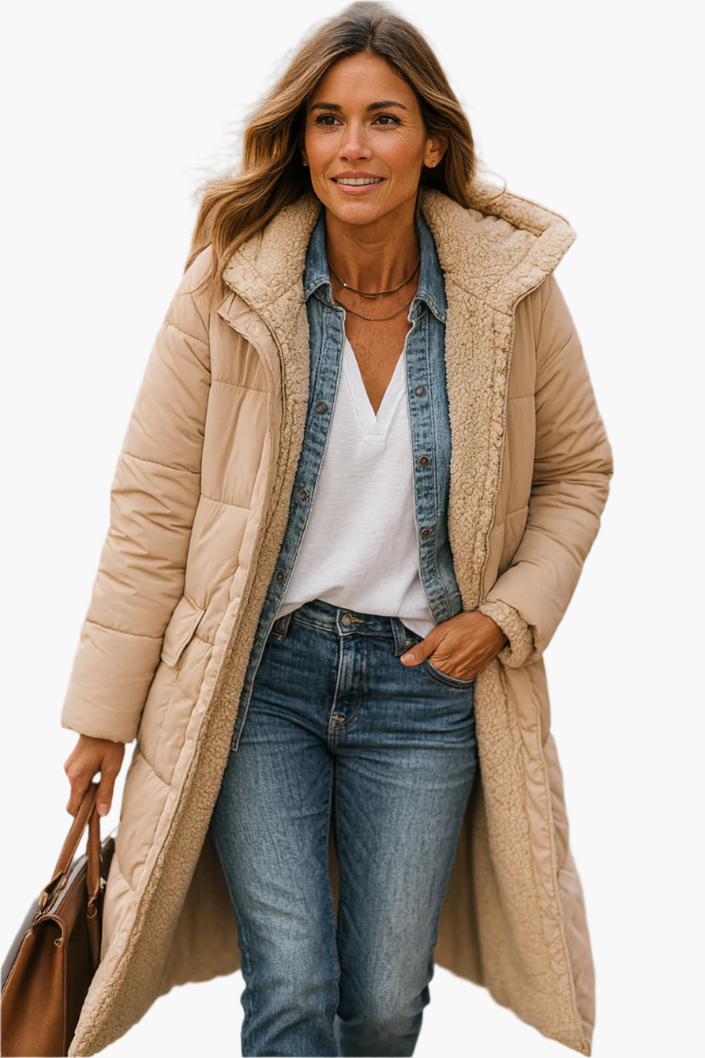 Damen Winter Steppmantel Lang mit Kapuze und Teddyfutter – Modischer Alltagsmantel für kalte Tage
