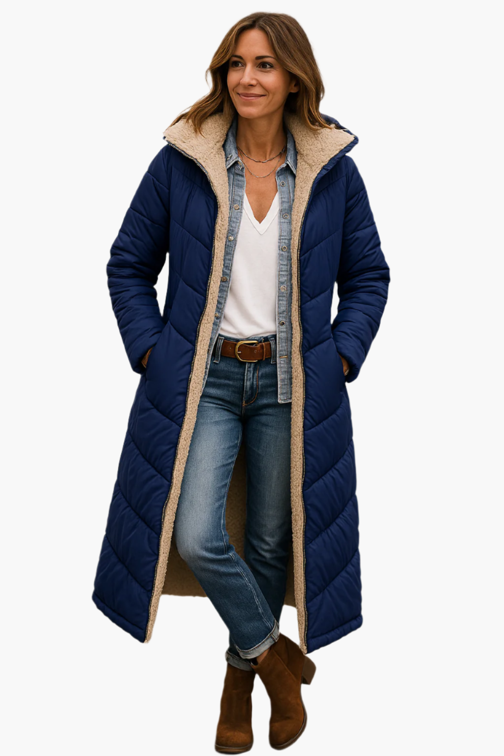 Damen Winter Steppmantel Lang mit Kapuze und Teddyfutter – Modischer Alltagsmantel für kalte Tage